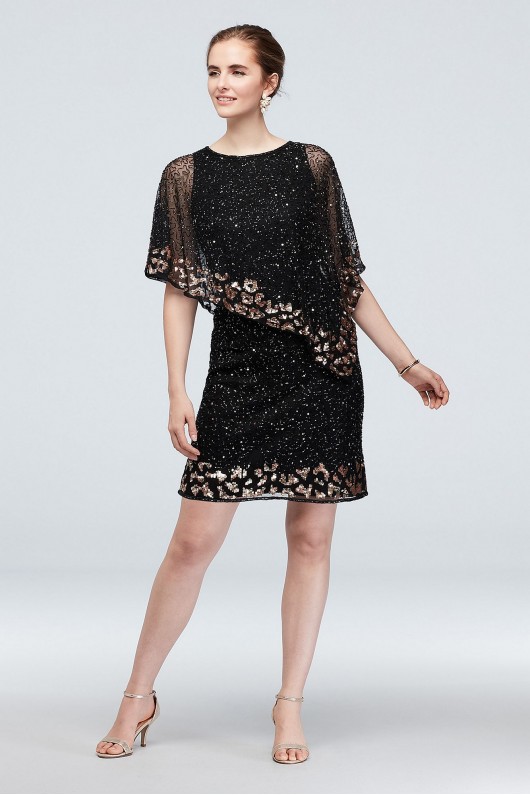 Bead and Sequin Asymmetric Chiffon Capelet Dress Pisarro Nights D2228