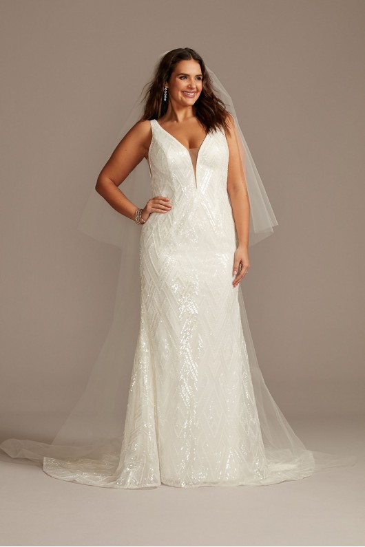 Beaded Illusion Plunge Plus Size Wedding Dress  9SWG873