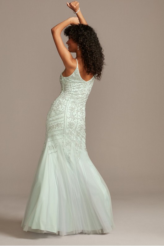 Beaded V-Neck Mermaid Gown with Tulle Godets Xscape 3480X