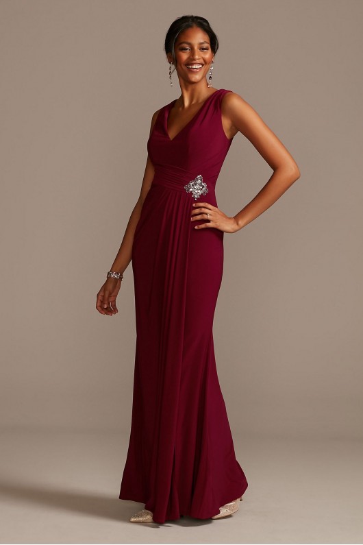 Draped V-Neck Jersey Dress with Crystal Applique  WBM19059