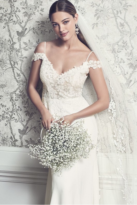 Floral Applique Sheer Bodice Crepe Wedding Dress  Collection WG3977