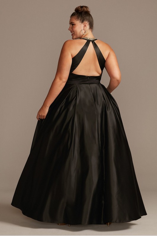 Floral Embellished Halter Satin Plus Size Gown Blondie Nites 2096BNW