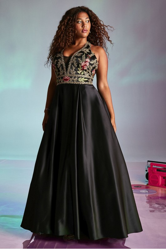 Floral Embellished Halter Satin Plus Size Gown Blondie Nites 2096BNW