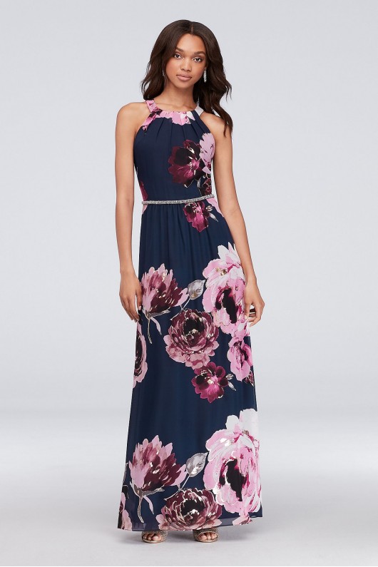 Floral Print Chiffon Halter Dress with Beaded Belt SL Fashions 9171244