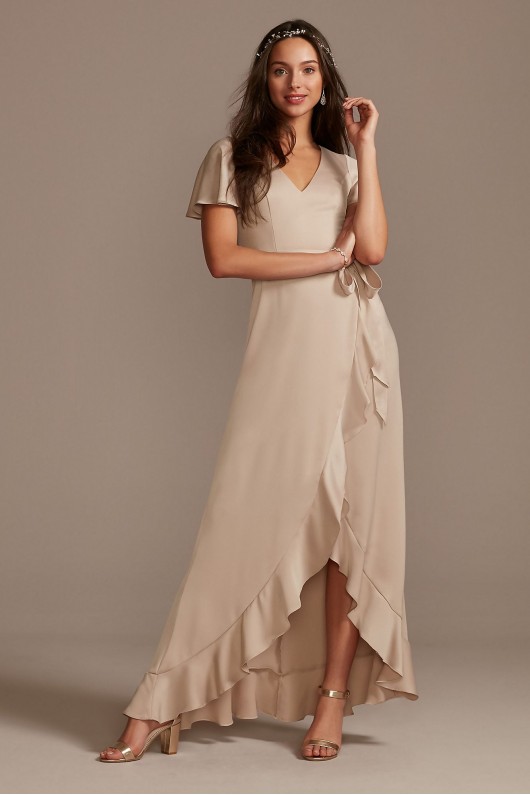 Flutter Sleeve Crepe Satin Ruffle Bridesmaid Dress  F20209