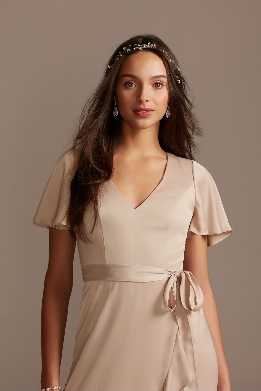 Flutter Sleeve Crepe Satin Ruffle Bridesmaid Dress  F20209