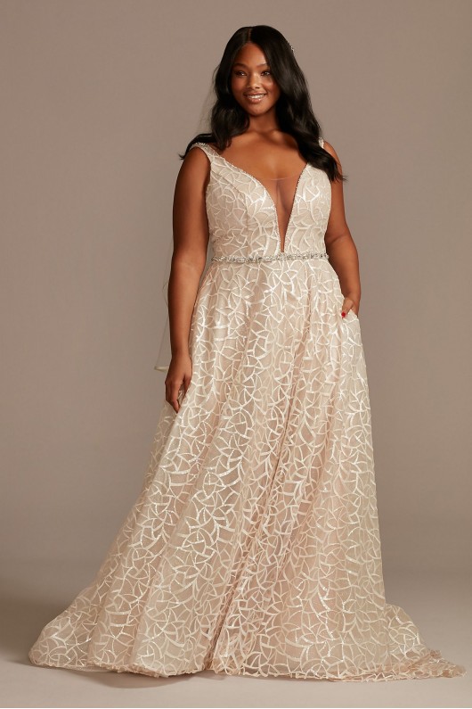 Geometric Sequin Plunge Plus Size Wedding Dress  9SWG863