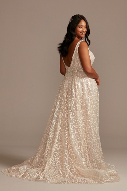 Geometric Sequin Plunge Plus Size Wedding Dress  9SWG863