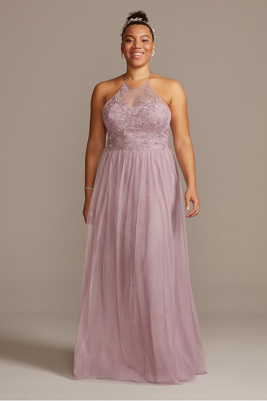 High-Neck Embroidered Soft Net Bridesmaid Dress  F20118