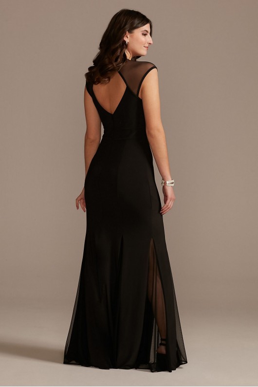 Illusion Cap Sleeve Open Back Jersey Sheath Gown  WBM2420