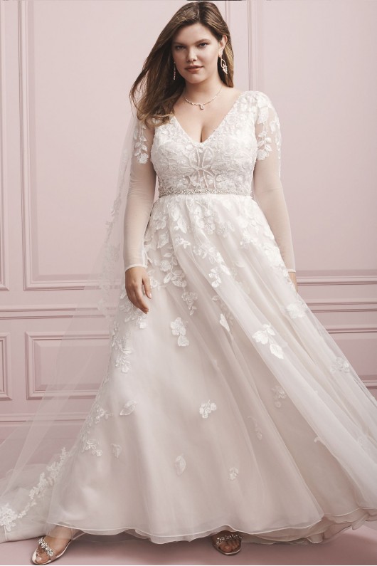 Illusion Sleeve Plunging Plus Size Wedding Dress  9SWG820