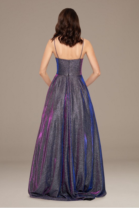 Iridescent Glitter Ball Gown with Spaghetti Straps Betsy and Adam A22793