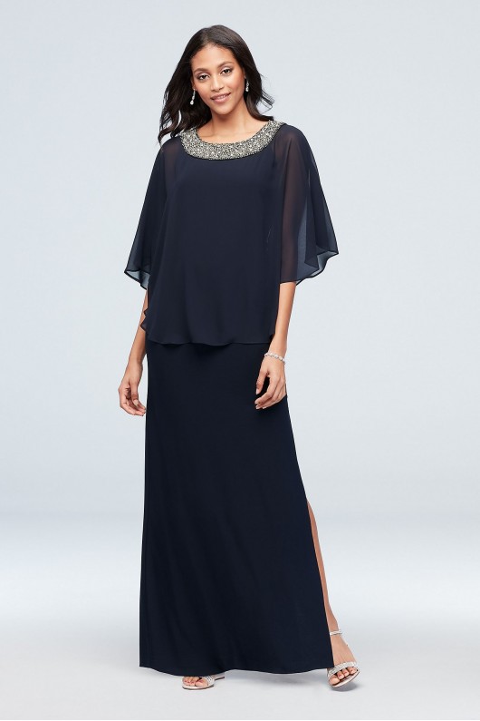 Jersey A-Line Capelet Dress with Beaded Neck  2328D