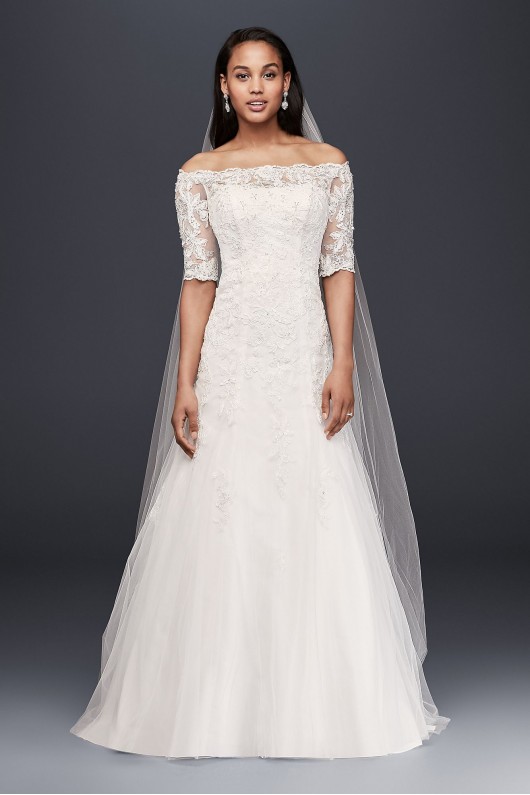 Jewel Off the Shoulder 3/4 Sleeve Wedding Dress Jewel WG3734