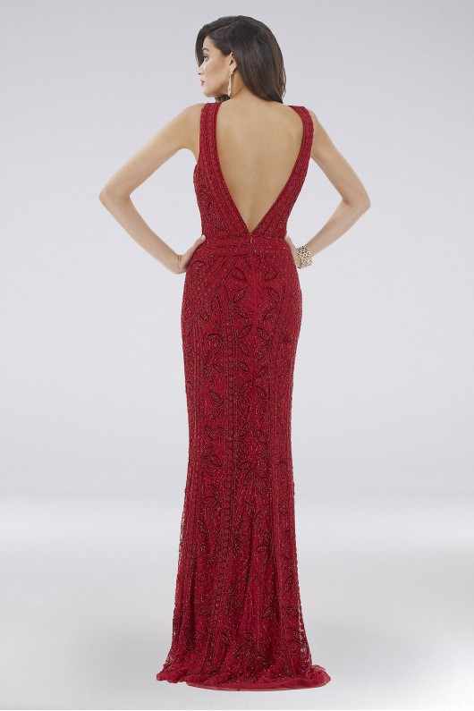 Lara Dahlia Beaded Plunging Neckline V-Back Gown Lara 29574