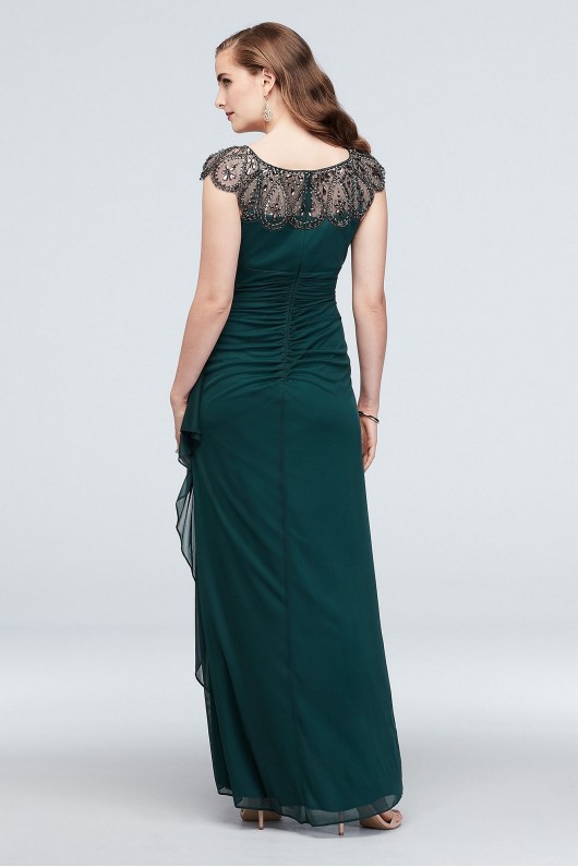 Long Cap Sleeve Party Dress With Beaded Neckline Xscape XS7761