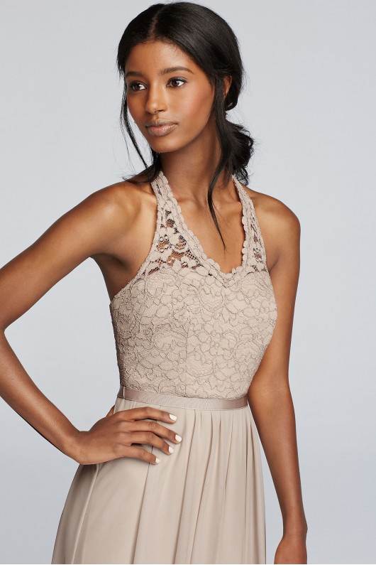 Long Mesh Dress with Lace Halter Bodice  F19025