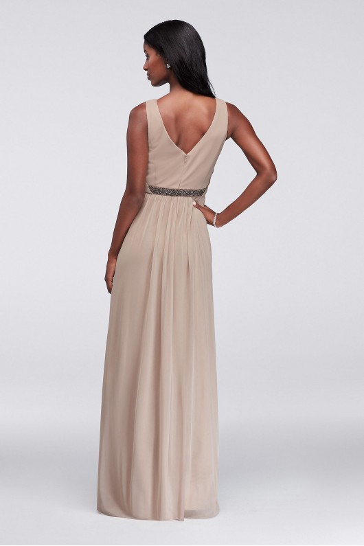 Long Mesh Dress with V-Neck and Beaded Waistband  W11092