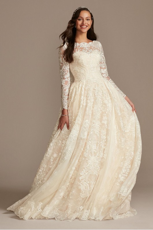 Long Sleeve Beaded Lace Folded Skirt Wedding Dress  SLCWG780