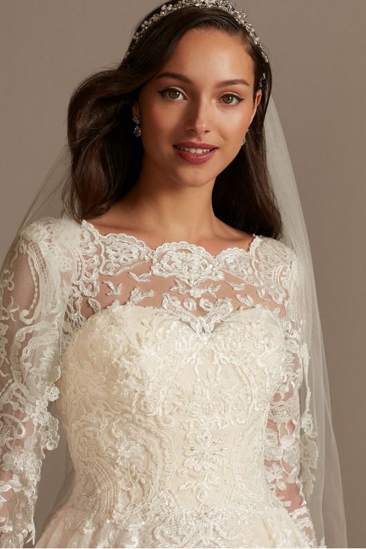 Long Sleeve Beaded Lace Folded Skirt Wedding Dress  SLCWG780