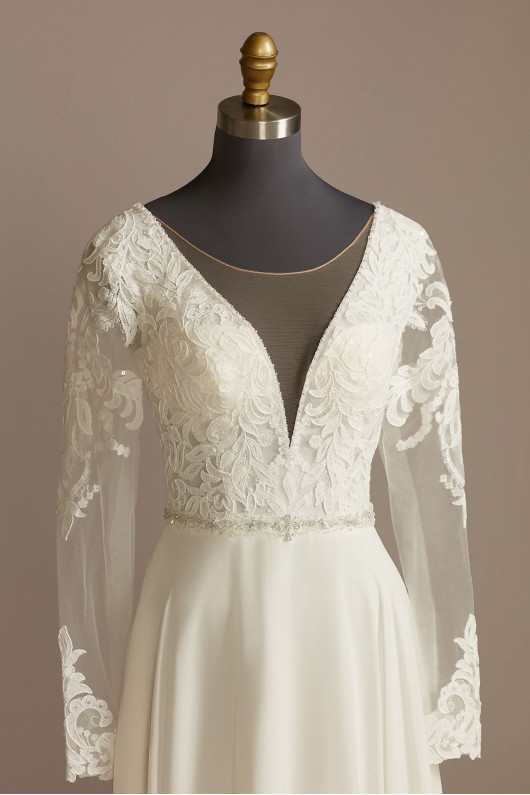 Long Sleeve Lace Applique Plunging Wedding Dress  SLLBSWG842