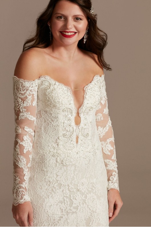 Long Sleeve Plunging Illusion Lace Wedding Dress  SLSWG855