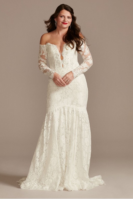 Long Sleeve Plunging Tall Lace Wedding Dress  4XLSLSWG855