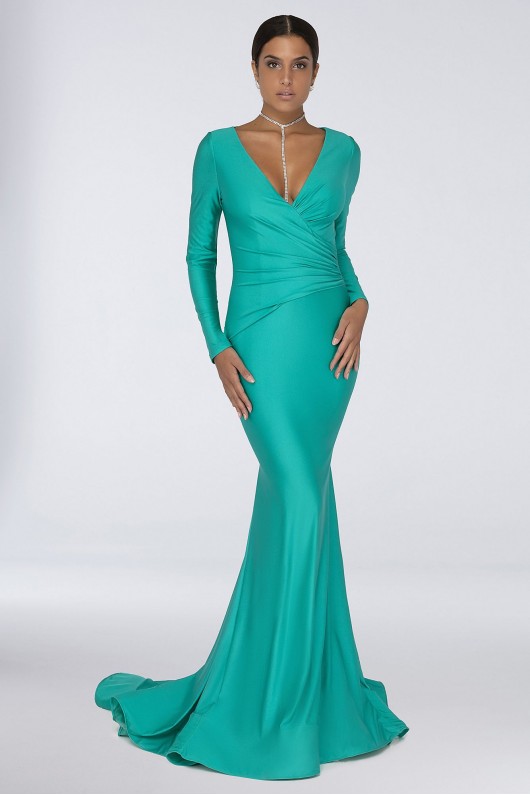 Long Sleeve Plunging V-Neck Stretch Mermaid Dress  1912P8281