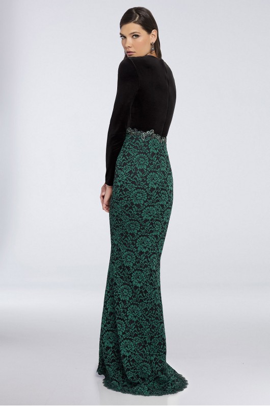 Long Sleeve Velvet Sheath Dress with Floral Skirt Terani Couture 1722E4190W