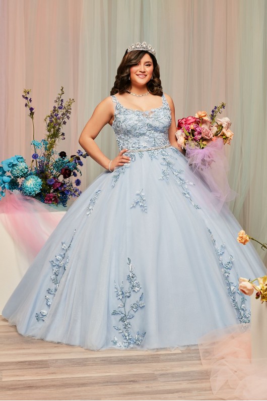 Metallic Floral Plus Size Tulle Quince Ball Gown Fifteen Roses 8FR2114