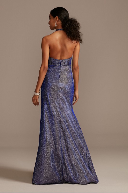 Metallic Glitter Halter Gown with Ruched Slit Blondie Nites 2142BN