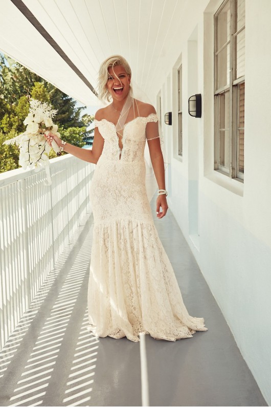 Off Shoulder Plunging Petite Lace Wedding Dress  7SWG855