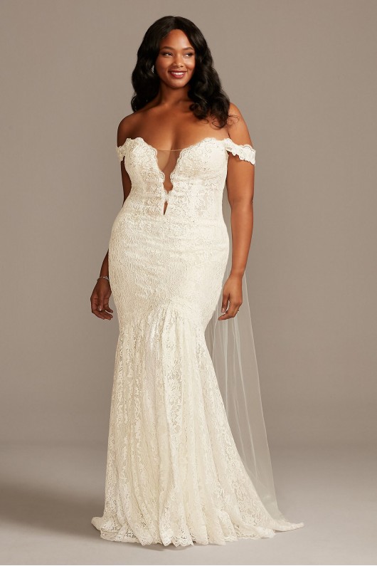 Off Shoulder Plunging Plus Size Lace Wedding Dress  9SWG855