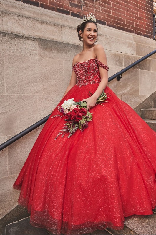 Off-the-Shoulder Beaded Plus Size Quince Ball Gown Fifteen Roses 8FR2201