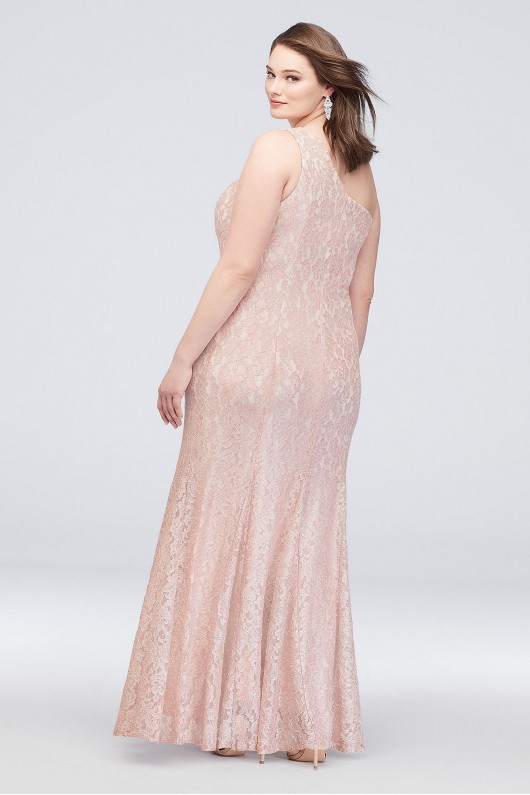 One-Shoulder Plus Size Glitter Lace Mermaid Gown Morgan and Co 21830W