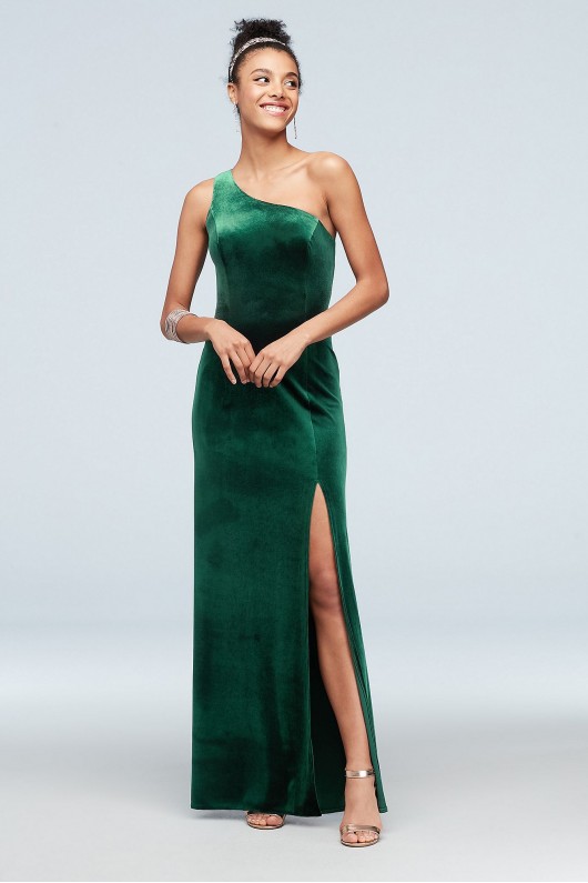 One-Shoulder Stretch Velvet Dress with Skirt Slit  WBM1743V2