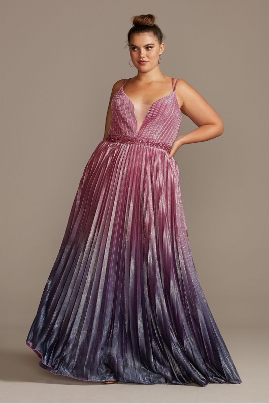 Pleated Ombre Plus Size Gown with Plunge Illusion Night Studio S20224W