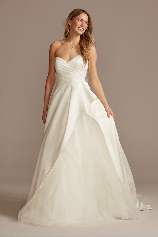 Pleated Satin Asymmetric Tulle Hem Wedding Dress  WG4006