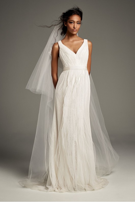 Pleated Tulle Flutter-Back Sheath Wedding Dress VW351448