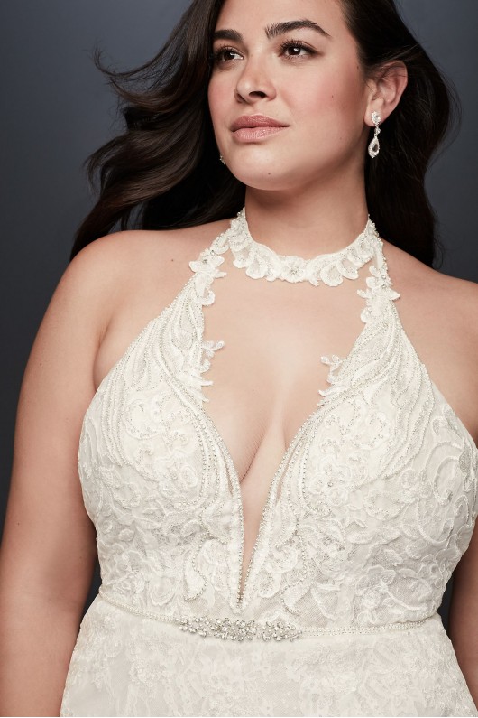 Plunge Neckline Halter Plus Size Wedding Dress  9SWG825