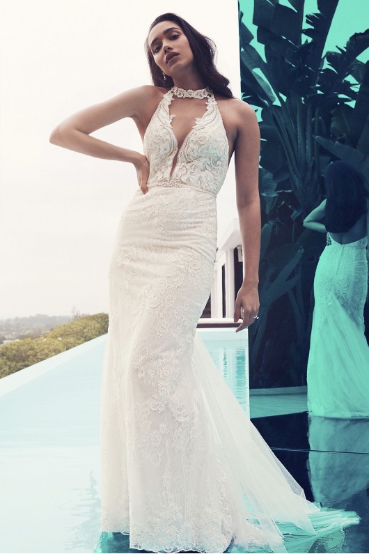 Plunge Neckline Lace Halter Wedding Dress  SWG825