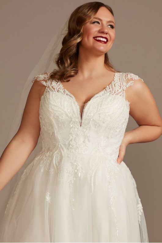 Plunging Cap Sleeve Plus Size Tulle Wedding Dress  8CWG901