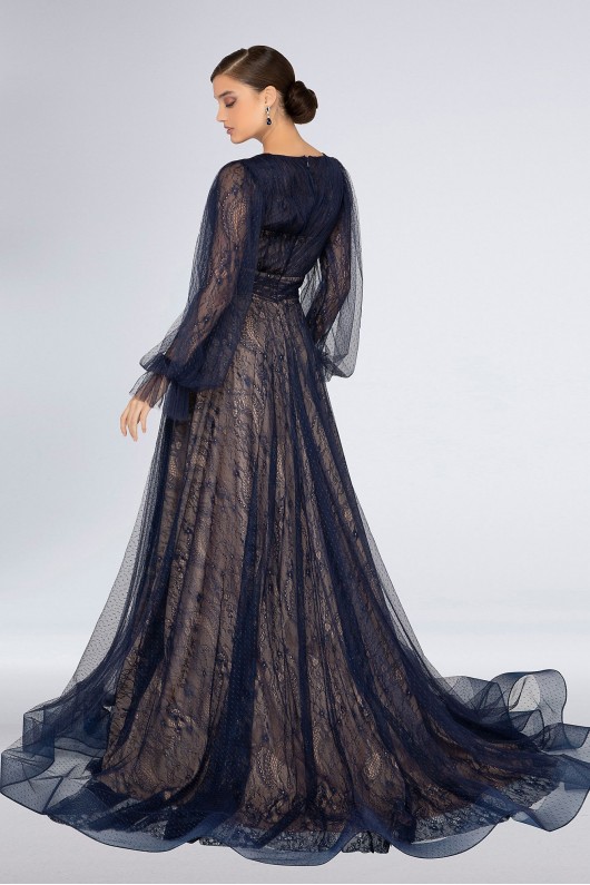 Plunging Lace Long Sleeve Gown with Point dEsprit Terani Couture 1913M9414