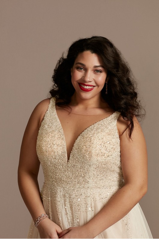 Plunging-V Illusion Beaded Plus Size Wedding Dress  9LBSWG837