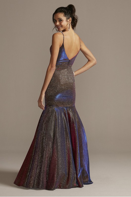 Plunging-V Iridescent Metallic Trumpet Dress Night Studio S9074