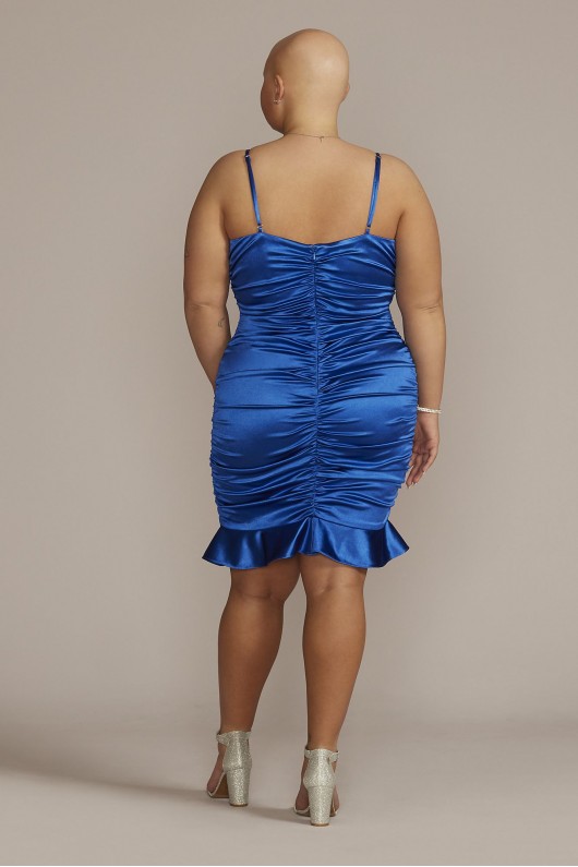 Plus Size Ruched Satin Mini Dress with Ruffled Hem Jules and Cleo WBM2912W