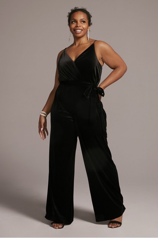 Plus Size V-Neck Velvet Jumpsuit with Tie Waist DB Studio WBM2796W