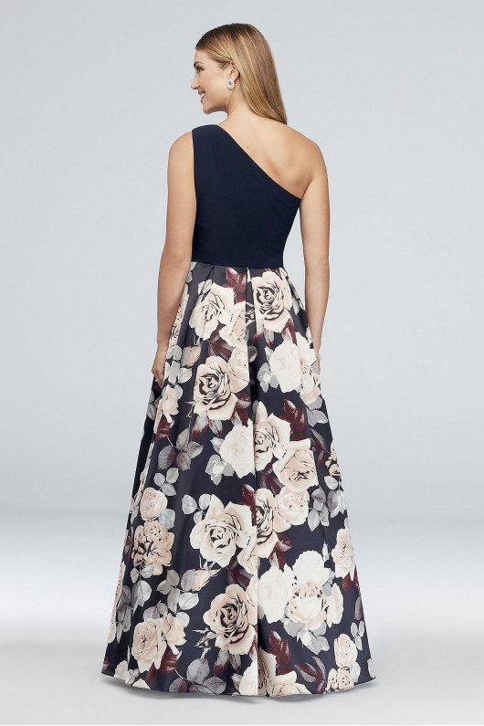 Printed Satin and Jersey One-Shoulder Ball Gown Betsy and Adam A21528