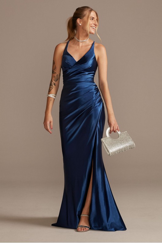 Ruched V-Neck Stretch Satin Sheath Gown with Slit David's Bridal WBM2299