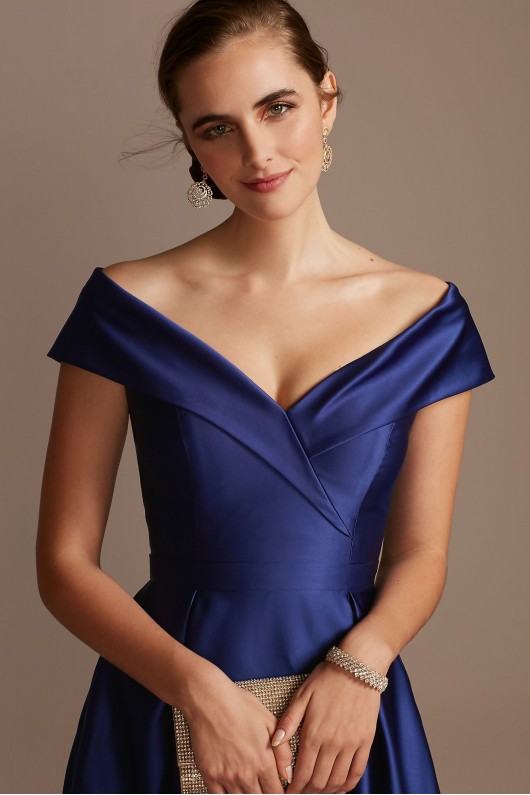 Satin Off the Shoulder Gown with Portrait Collar Xscape 3476X